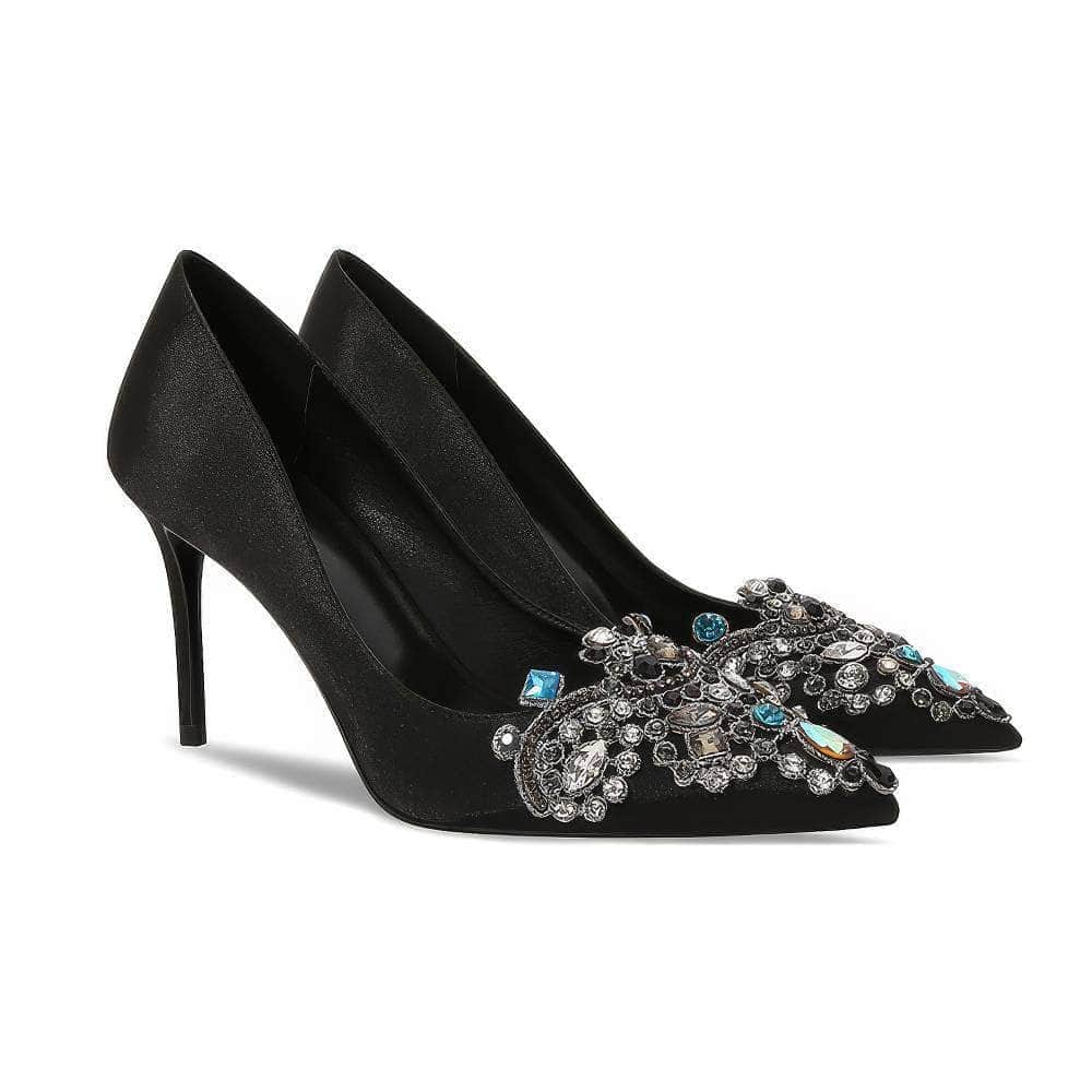 Pointy Toes Rhinestone Embellished Satin Pump Heels EU 31 / Black / 6.5CM