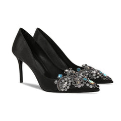Pointy Toes Rhinestone Embellished Satin Pump Heels EU 31 / Black / 6.5CM