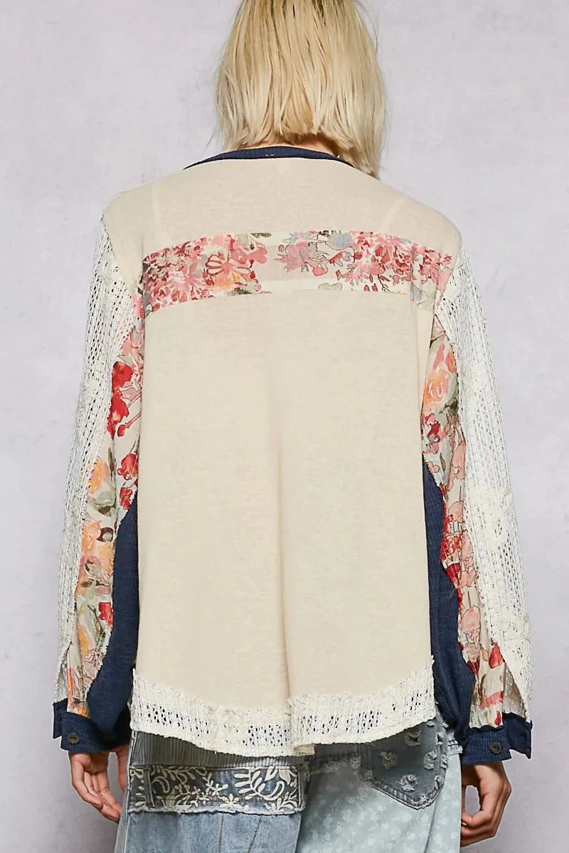 POL Button Detail Floral Patchwork Crochet Sleeve Blouse