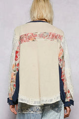 POL Button Detail Floral Patchwork Crochet Sleeve Blouse