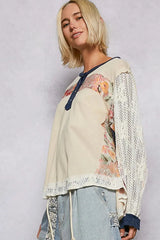 POL Button Detail Floral Patchwork Crochet Sleeve Blouse