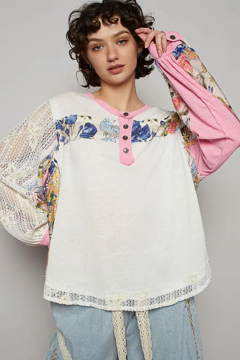 POL Button Detail Floral Patchwork Crochet Sleeve Blouse