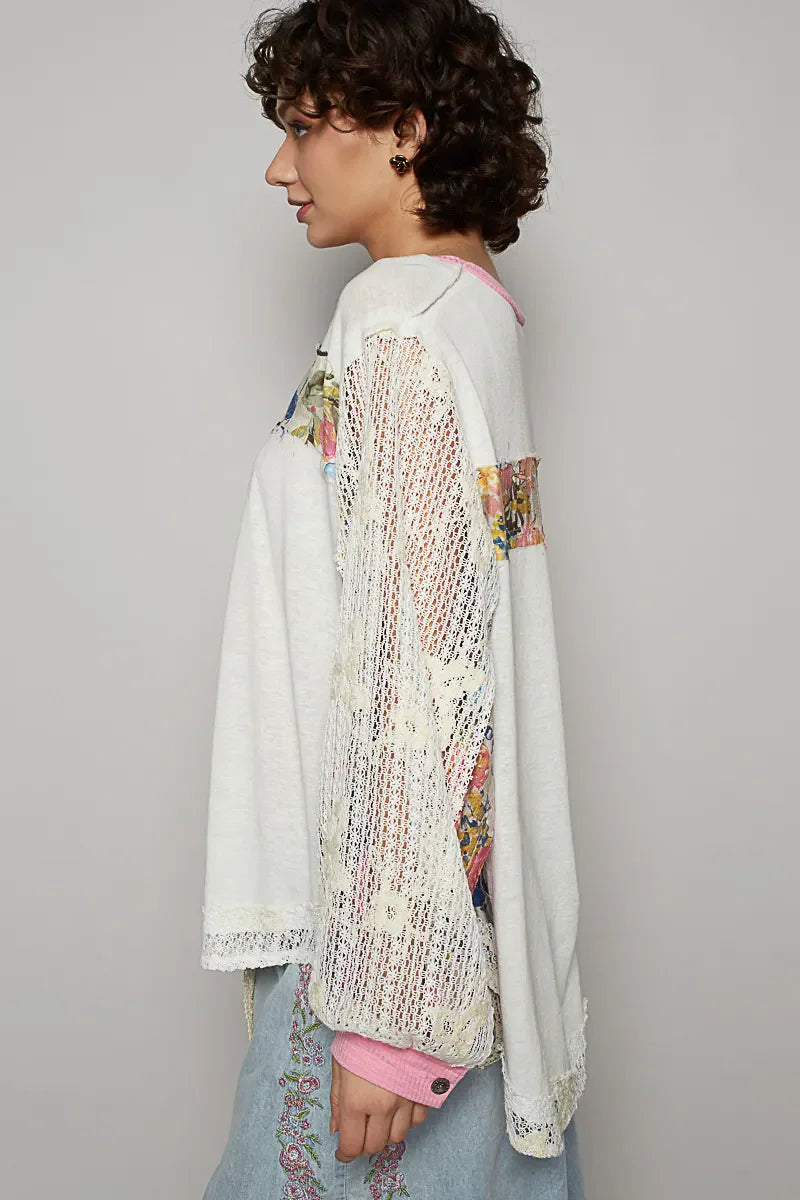 POL Button Detail Floral Patchwork Crochet Sleeve Blouse