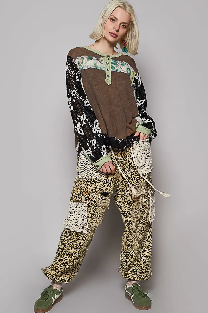 POL Button Detail Floral Patchwork Crochet Sleeve Blouse