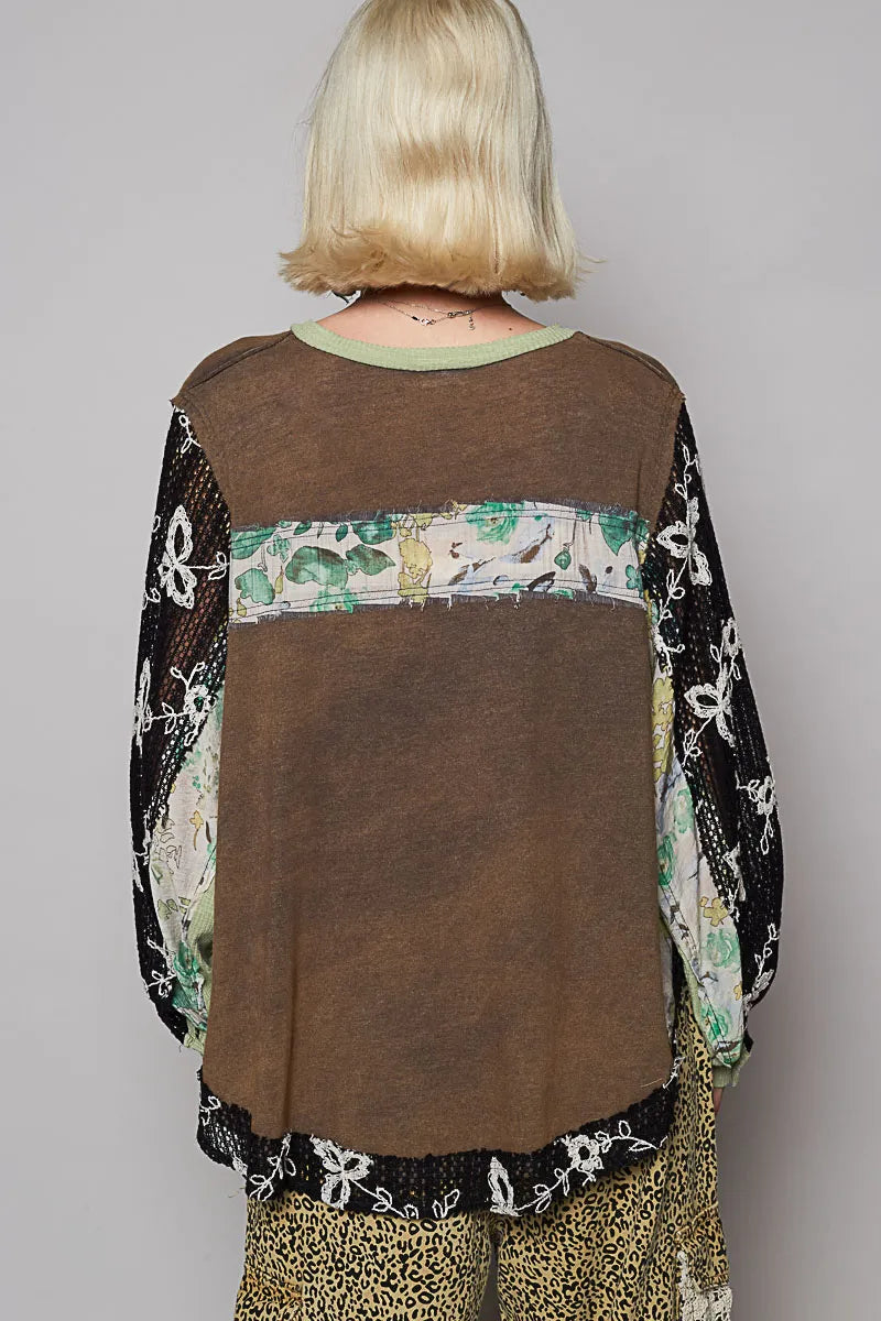 POL Button Detail Floral Patchwork Crochet Sleeve Blouse