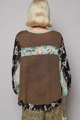 POL Button Detail Floral Patchwork Crochet Sleeve Blouse