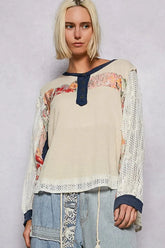 POL Button Detail Floral Patchwork Crochet Sleeve Blouse Beige / S