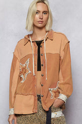 POL Button Down Hooded Jacket with with Star Patch Pattern BURNT SIENNA / S