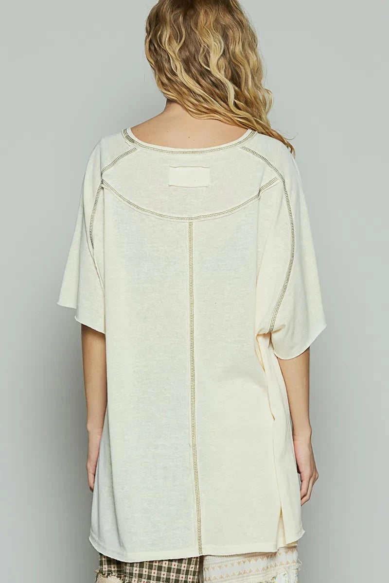 POL Contrast Stitching Half Sleeve Oversized T-Shirt