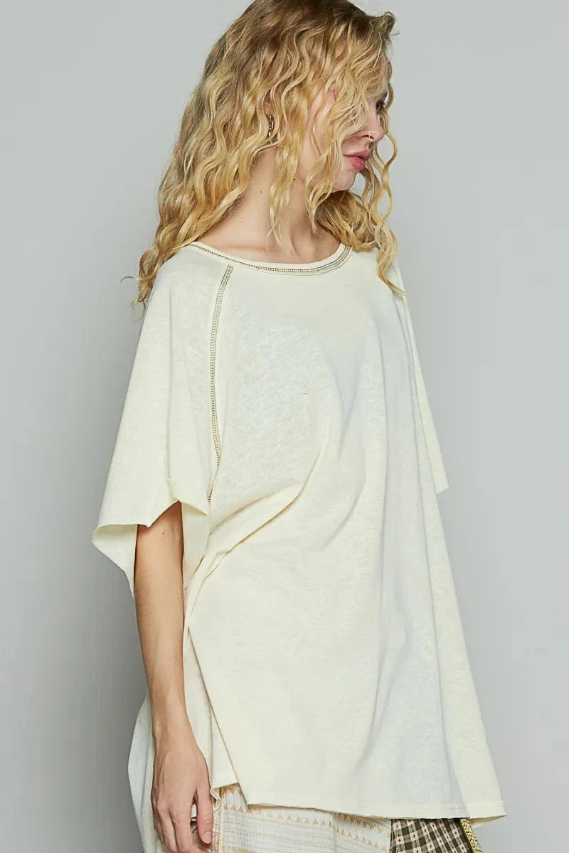 POL Contrast Stitching Half Sleeve Oversized T-Shirt