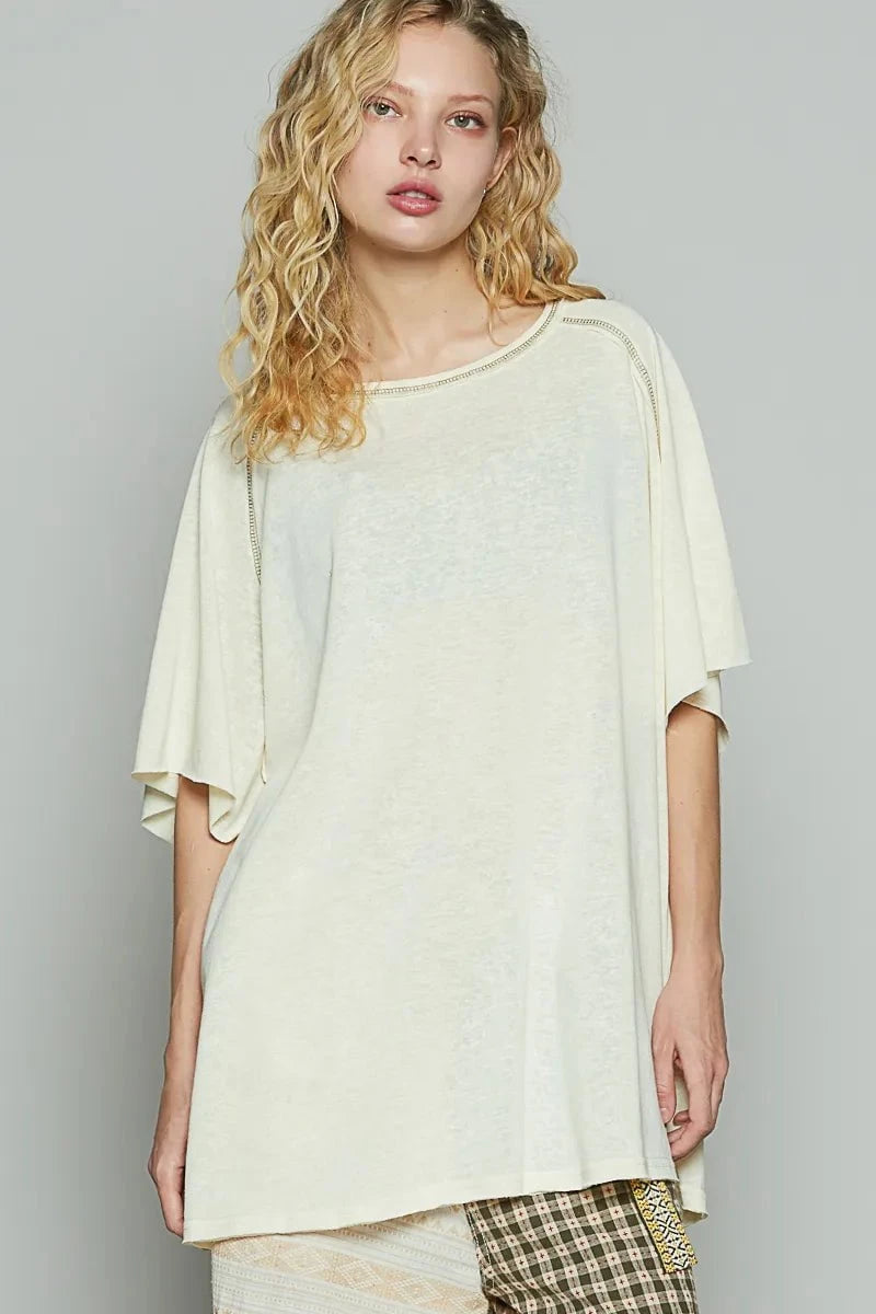 POL Contrast Stitching Half Sleeve Oversized T-Shirt CUSTARD / S