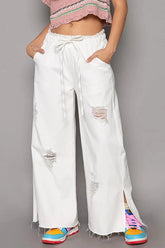 POL Distressed Drawstring Slit Wide leg Pants White / S