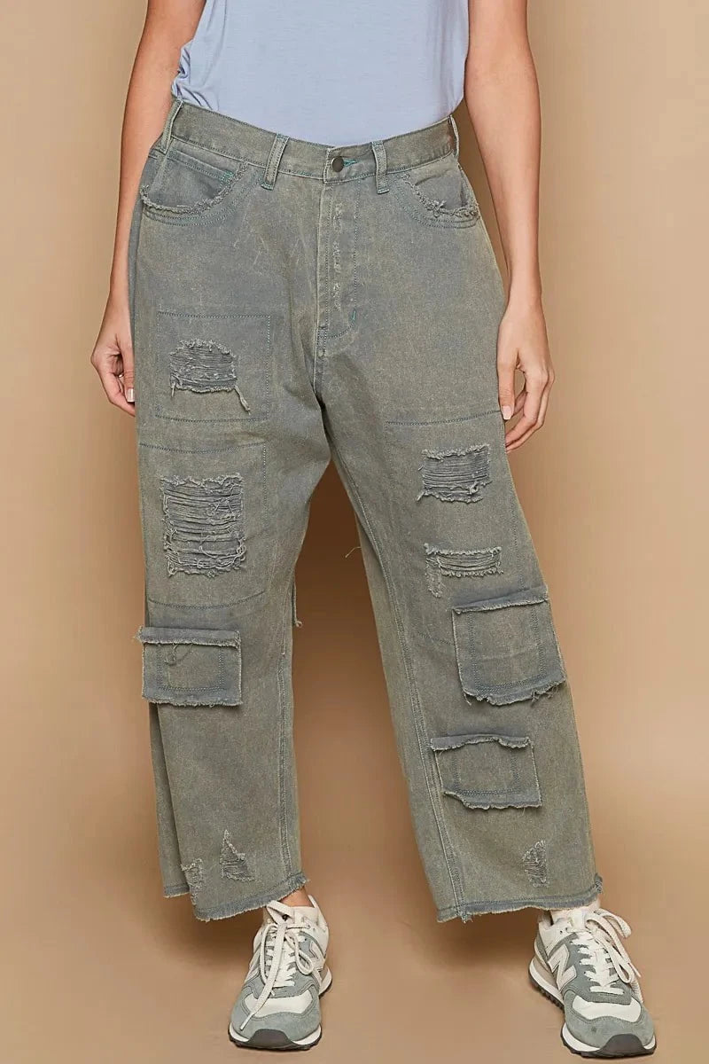 POL Distressed Raw Hem Wide Leg Pants French Blue / S