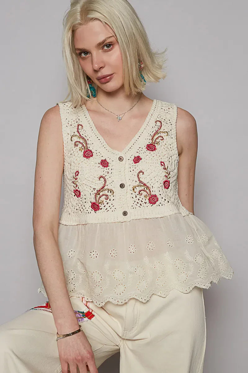 POL Embroidered Detail V-Neck Eyelet Peplum Tank Cream / One Size