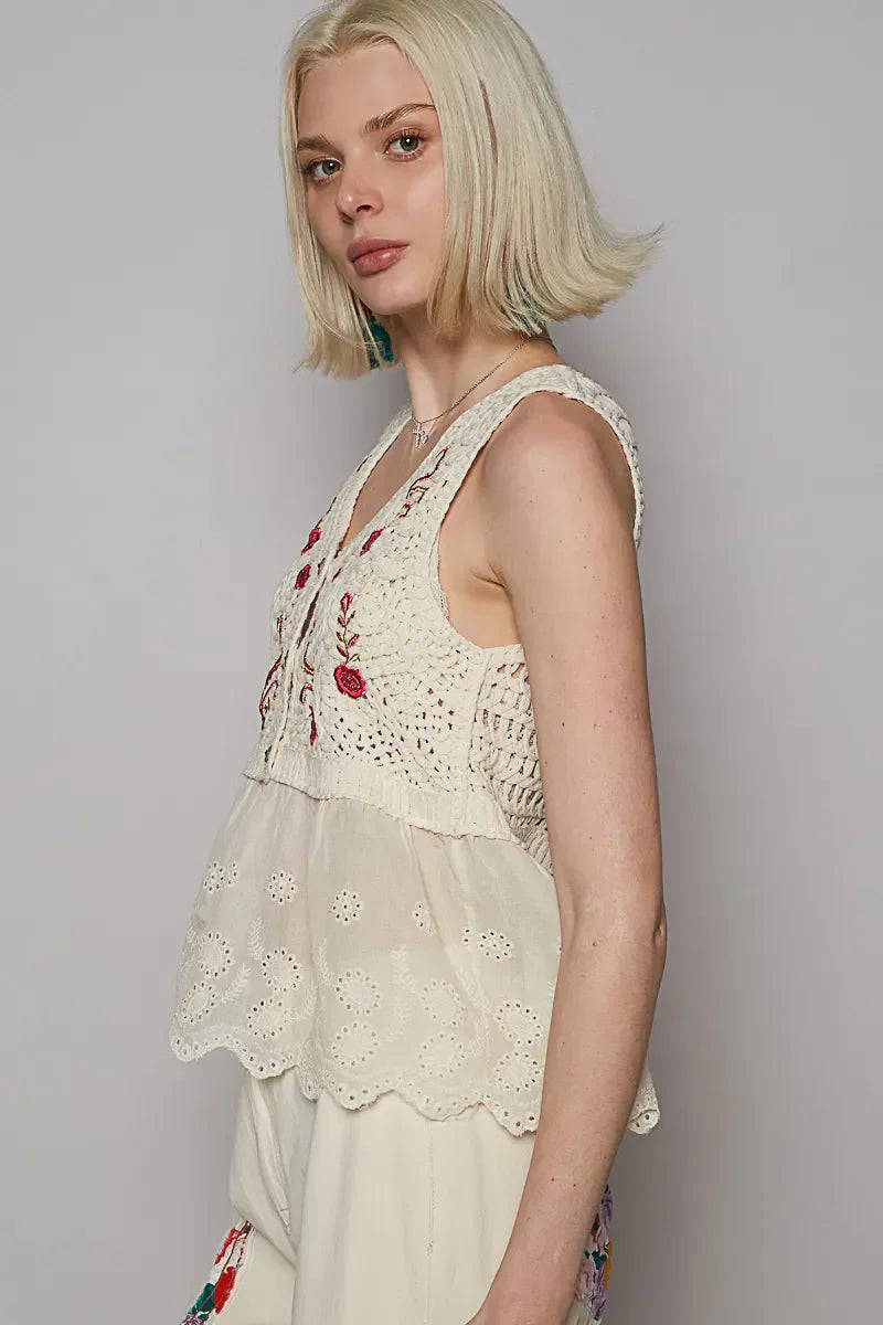 POL Embroidered Detail V-Neck Eyelet Peplum Tank Cream / One Size