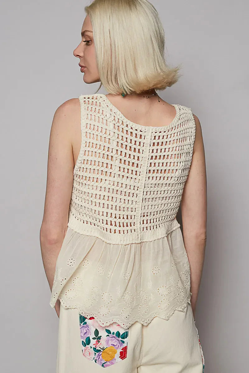 POL Embroidered Detail V-Neck Eyelet Peplum Tank Cream / One Size