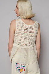 POL Embroidered Detail V-Neck Eyelet Peplum Tank Cream / One Size