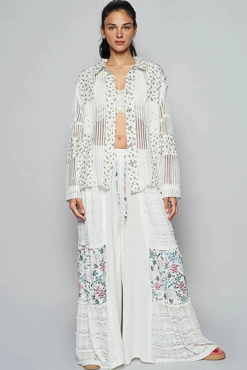 POL Floral Crochet Patchwork Long Sleeve Shirt