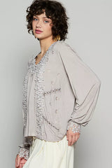 POL Floral Embroidery Woven Top with Lace Trim