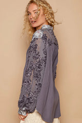 POL Floral Half Button Lace Detail Long Sleeve Top