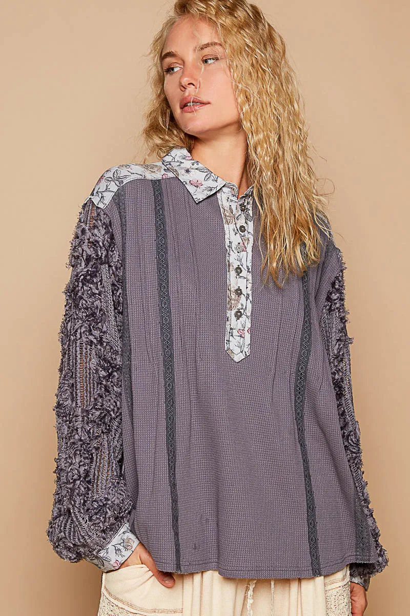 POL Floral Half Button Lace Detail Long Sleeve Top Dark Gray / S
