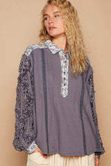 POL Floral Half Button Lace Detail Long Sleeve Top Dark Gray / S