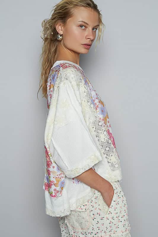 POL Floral Lace Patch Round Neck Double Gauze Top