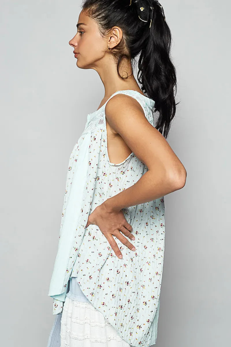 POL Floral Print Button-Front Lace Patchwork Tank Top
