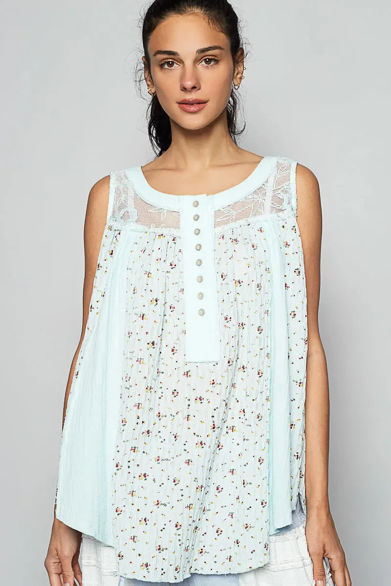POL Floral Print Button-Front Lace Patchwork Tank Top Mint Blue / S