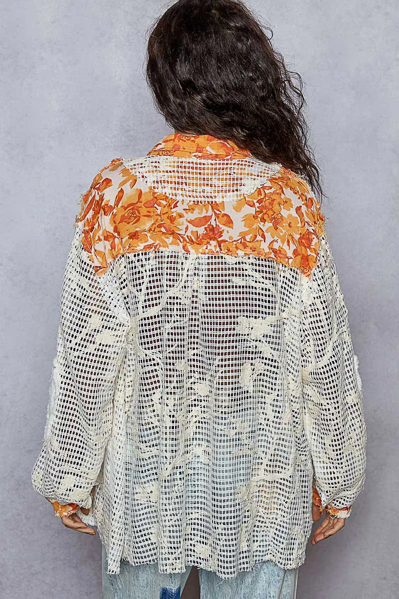 POL Floral Print Crochet Button Up Shirt