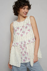 POL Floral Textured Round Neck Sleeveless Top Ivory / S