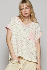 POL Floral V-Neck Short Sleeve T-Shirt Natural/Pink / S