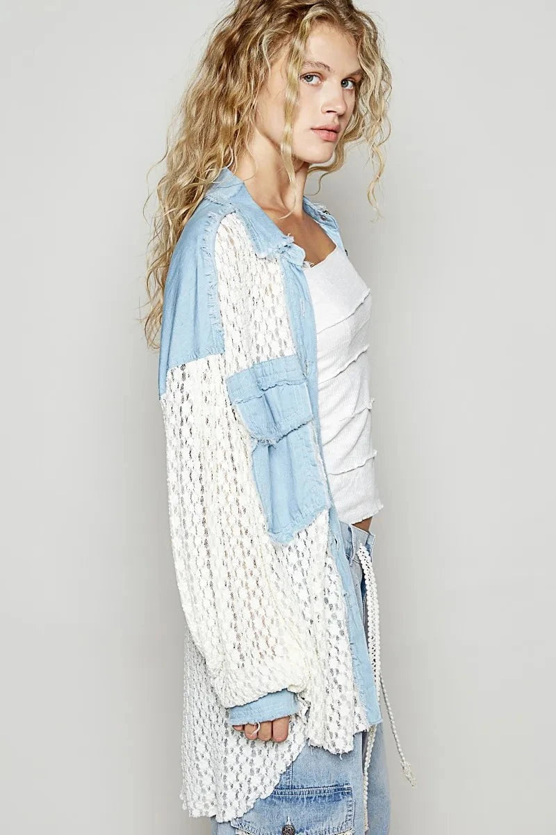 POL High-Low Denim Patchwork Lace Shirt