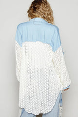 POL High-Low Denim Patchwork Lace Shirt