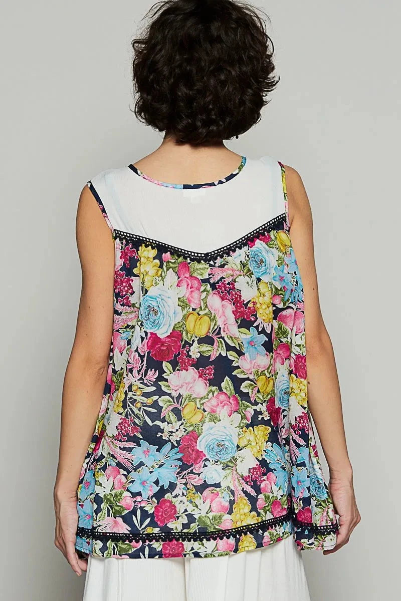 POL Lace Detail Floral Print Sleeveless Blouse