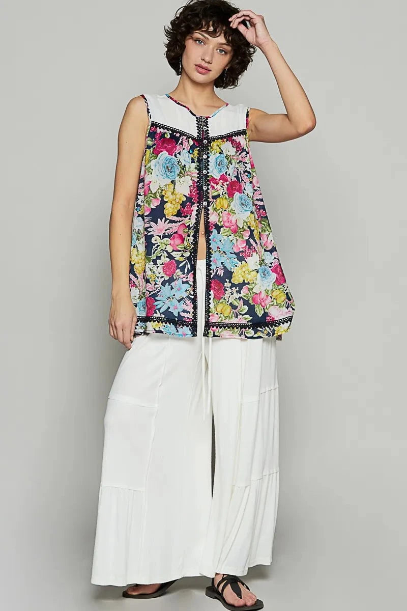 POL Lace Detail Floral Print Sleeveless Blouse