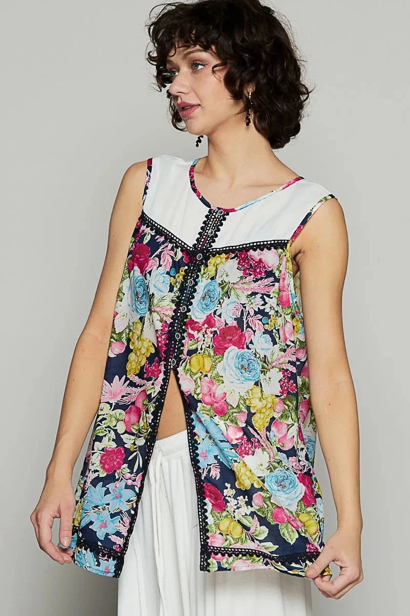 POL Lace Detail Floral Print Sleeveless Blouse