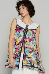 POL Lace Detail Floral Print Sleeveless Blouse Ivory / S