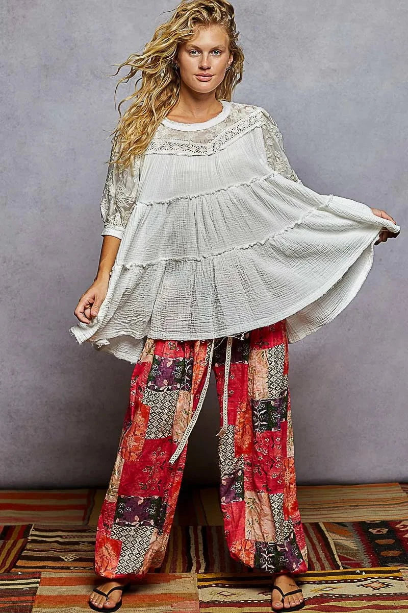 POL Lace Detail Tiered Round Neck Half Sleeve Blouse