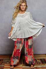 POL Lace Detail Tiered Round Neck Half Sleeve Blouse