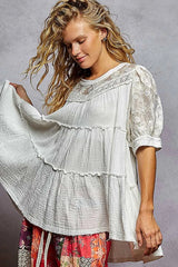 POL Lace Detail Tiered Round Neck Half Sleeve Blouse