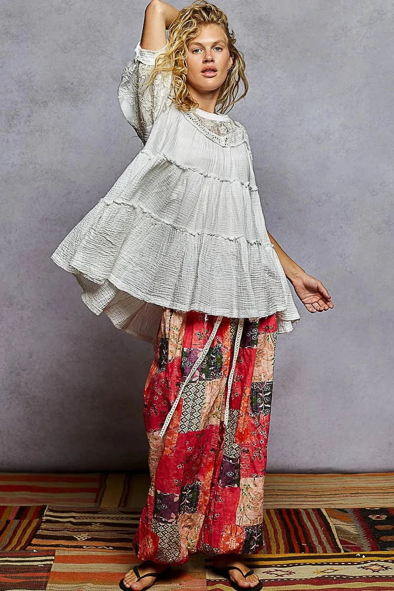 POL Lace Detail Tiered Round Neck Half Sleeve Blouse