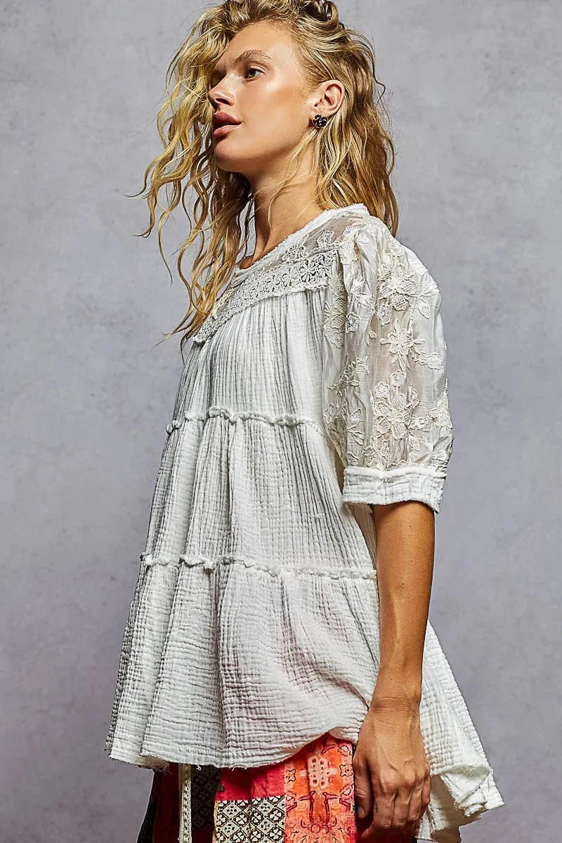 POL Lace Detail Tiered Round Neck Half Sleeve Blouse