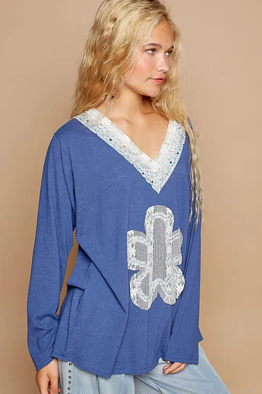 POL Lace Flower Patch Long Sleeve T-Shirt