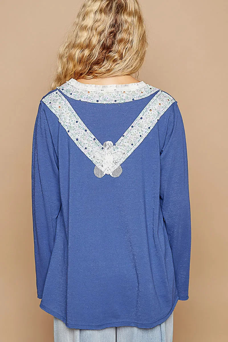 POL Lace Flower Patch Long Sleeve T-Shirt