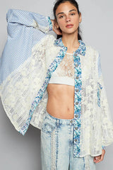 POL Lace Long Sleeve Shirt with Floral and Striped Pattern