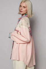 POL Lace Patchwork Floral Trim Long Sleeve Shirt