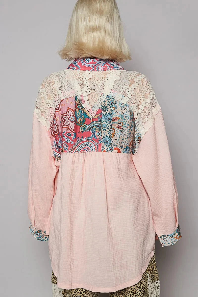 POL Lace Patchwork Floral Trim Long Sleeve Shirt