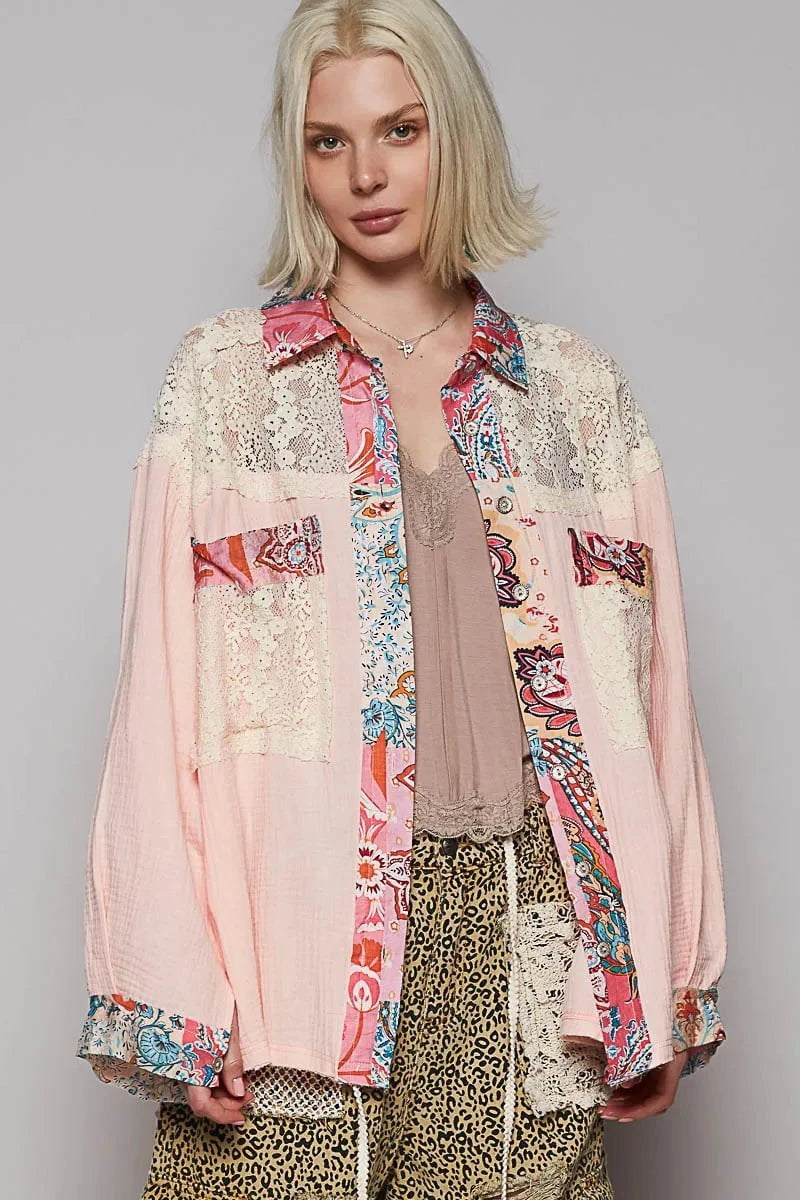 POL Lace Patchwork Floral Trim Long Sleeve Shirt Blush Pink / S