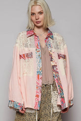 POL Lace Patchwork Floral Trim Long Sleeve Shirt Blush Pink / S